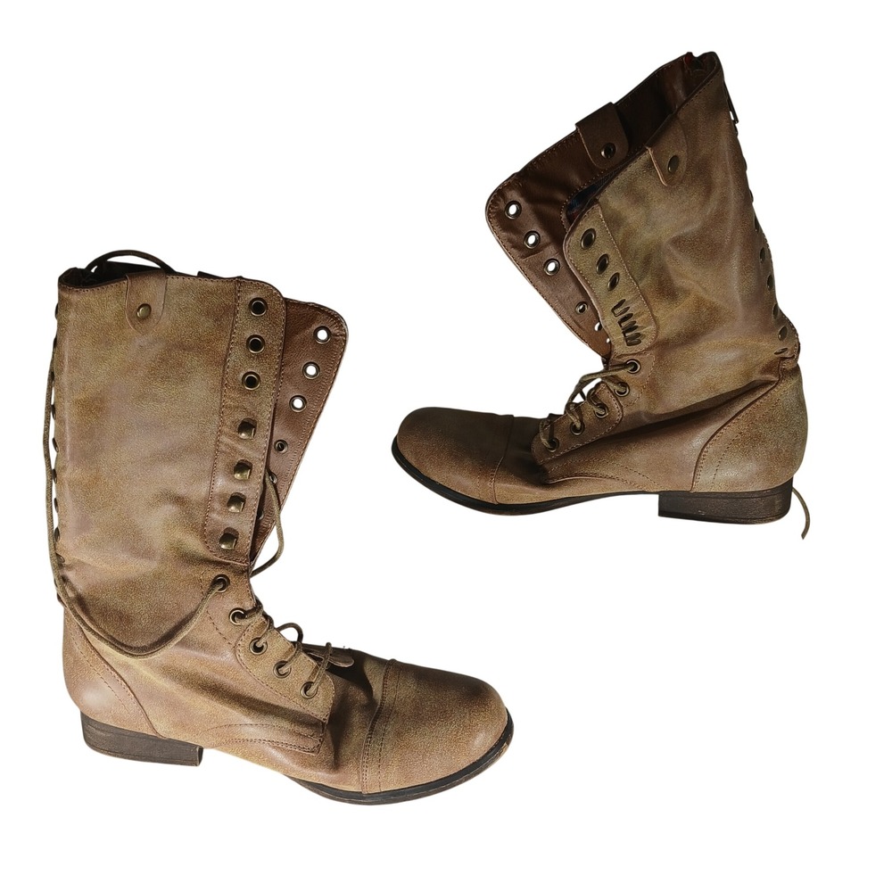 Galeriaa Combat Fold Over Boots 9.5M Tan‎ Plaid Lined Grunge Military Indie Moto